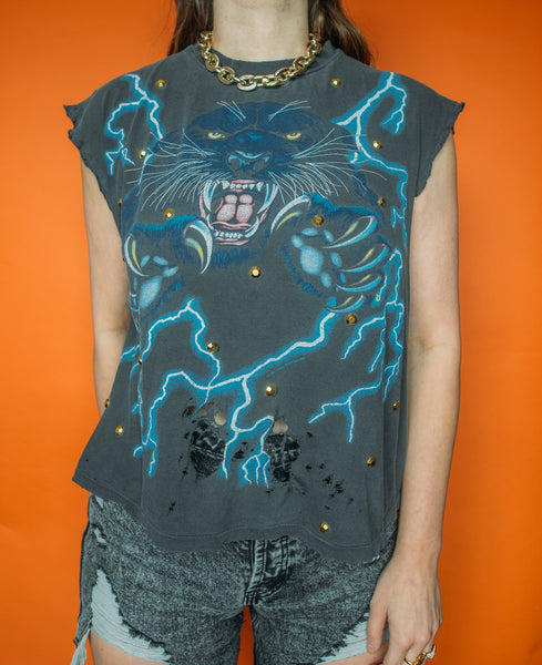 American Thunder Panther Bedazzled Cut Off Tee